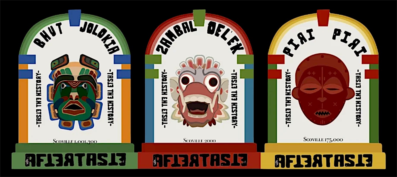 Three arched hot sauce labels, each with an illustrated mask: Bhut Jolokia in green, Sambal Oelek in red and Piri Piri in yellow