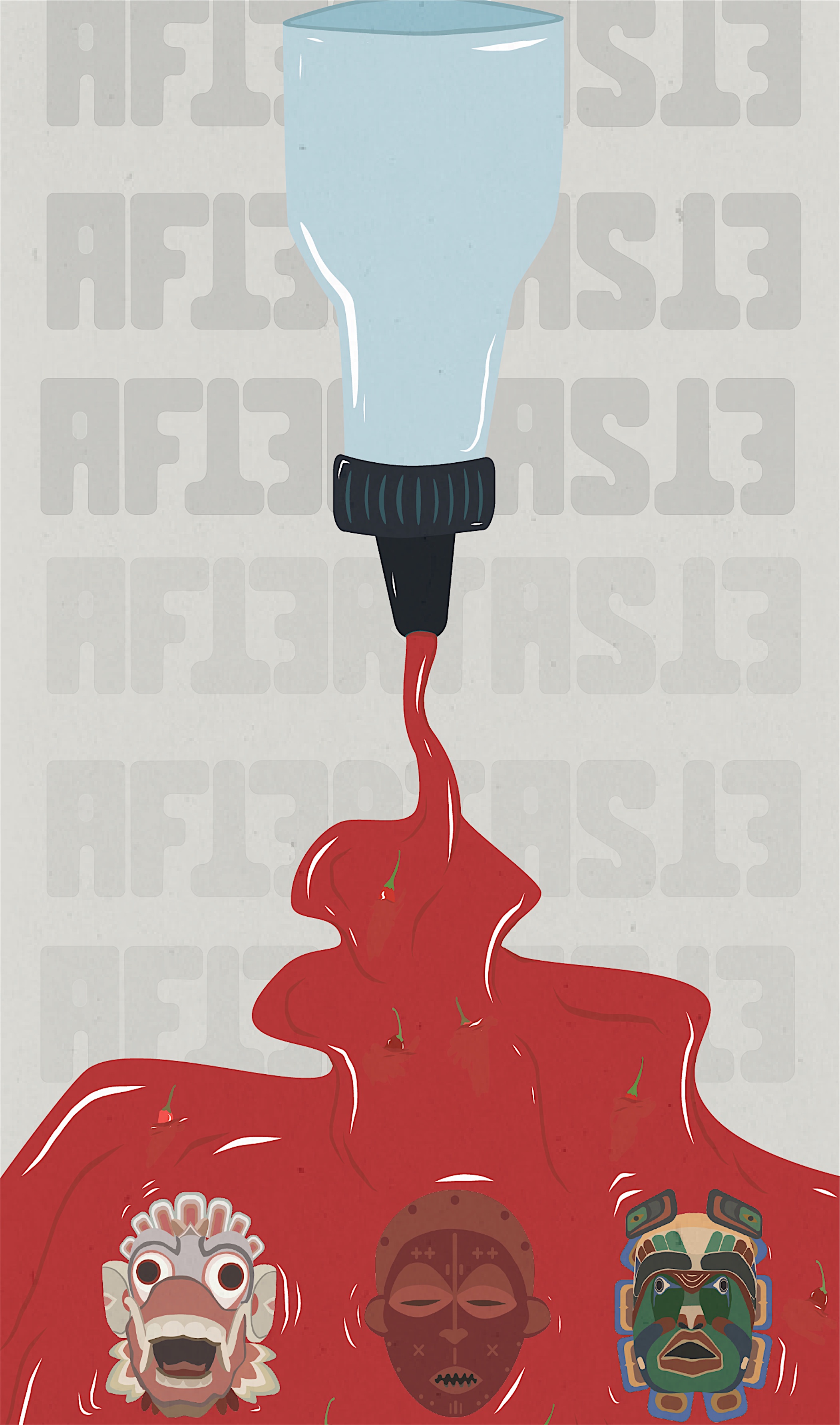 Illustration of hot sauce pouring from a bottle over the three masks