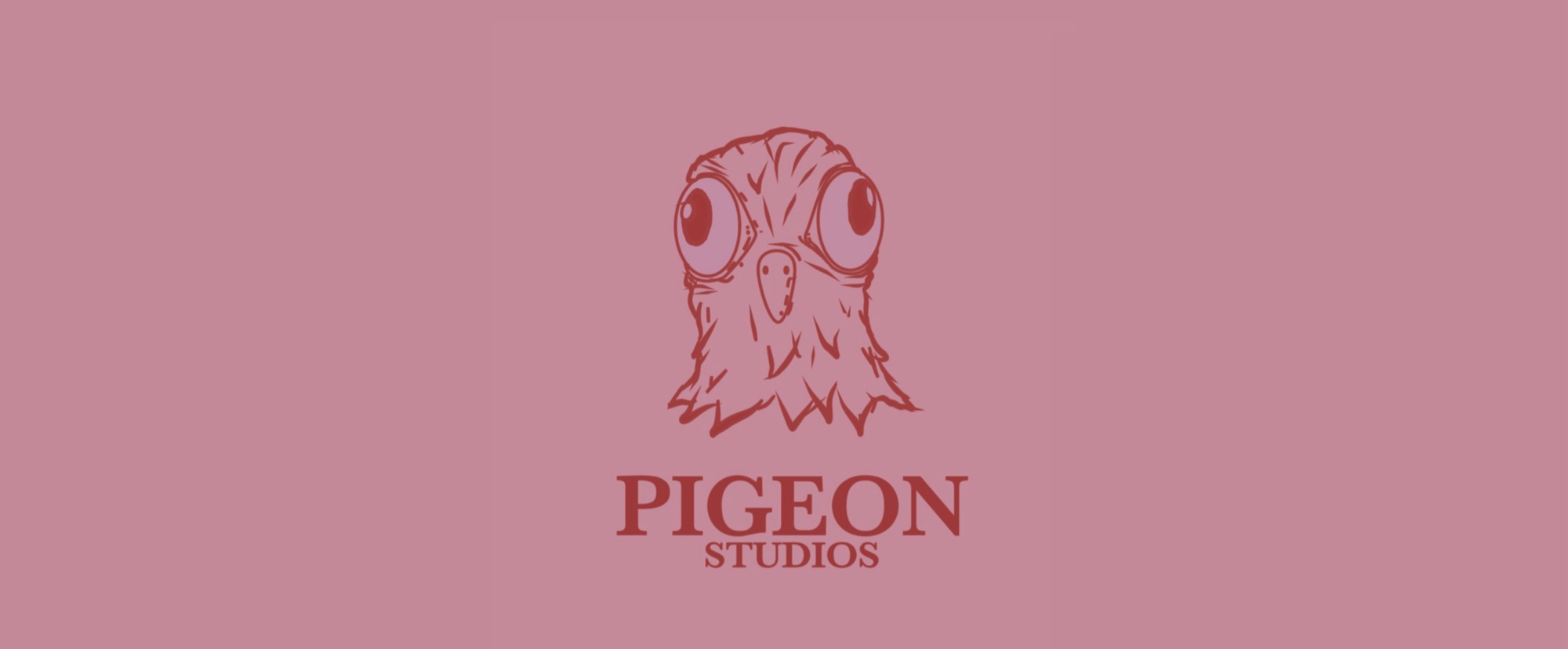 Pigeon Studios logo: an illustrated pigeon head in red on pink