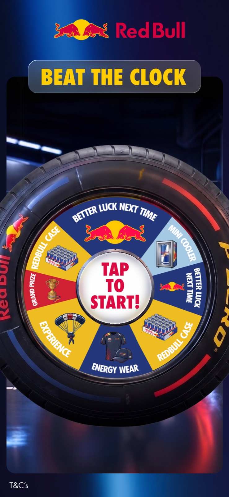 Screen 1: the Red Bull Racing tyre as a prize wheel with a Tap To Start button in the centre