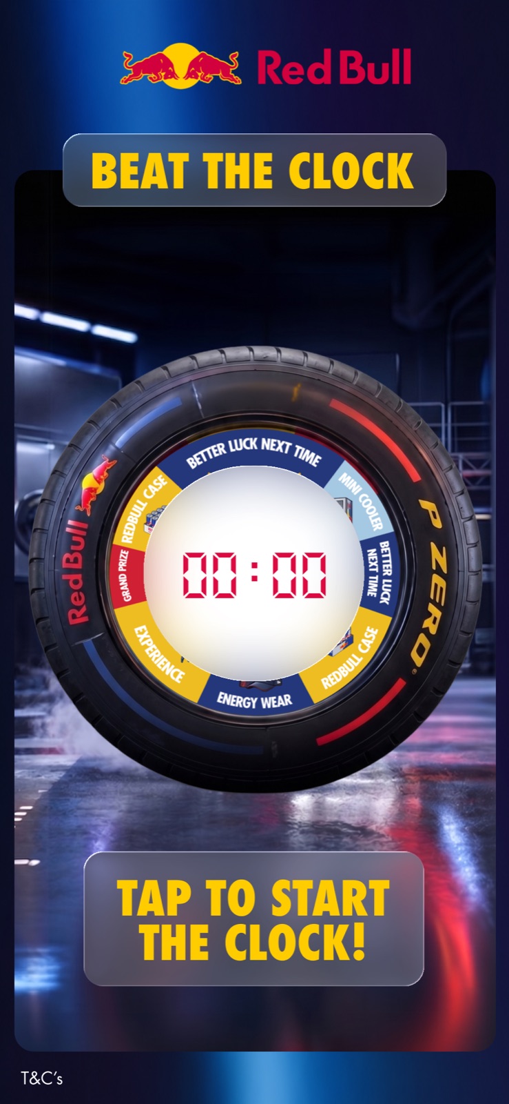 Screen 2: the tyre zooms out and a stopwatch reading 00:00 appears in its centre