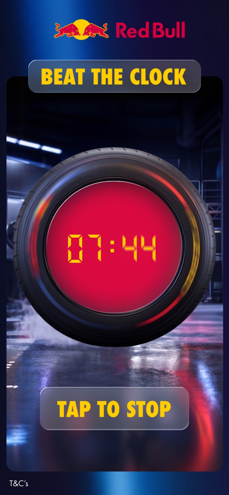 Screen 4: the clock face turns red with yellow digits counting, the tyre blurred as if spinning