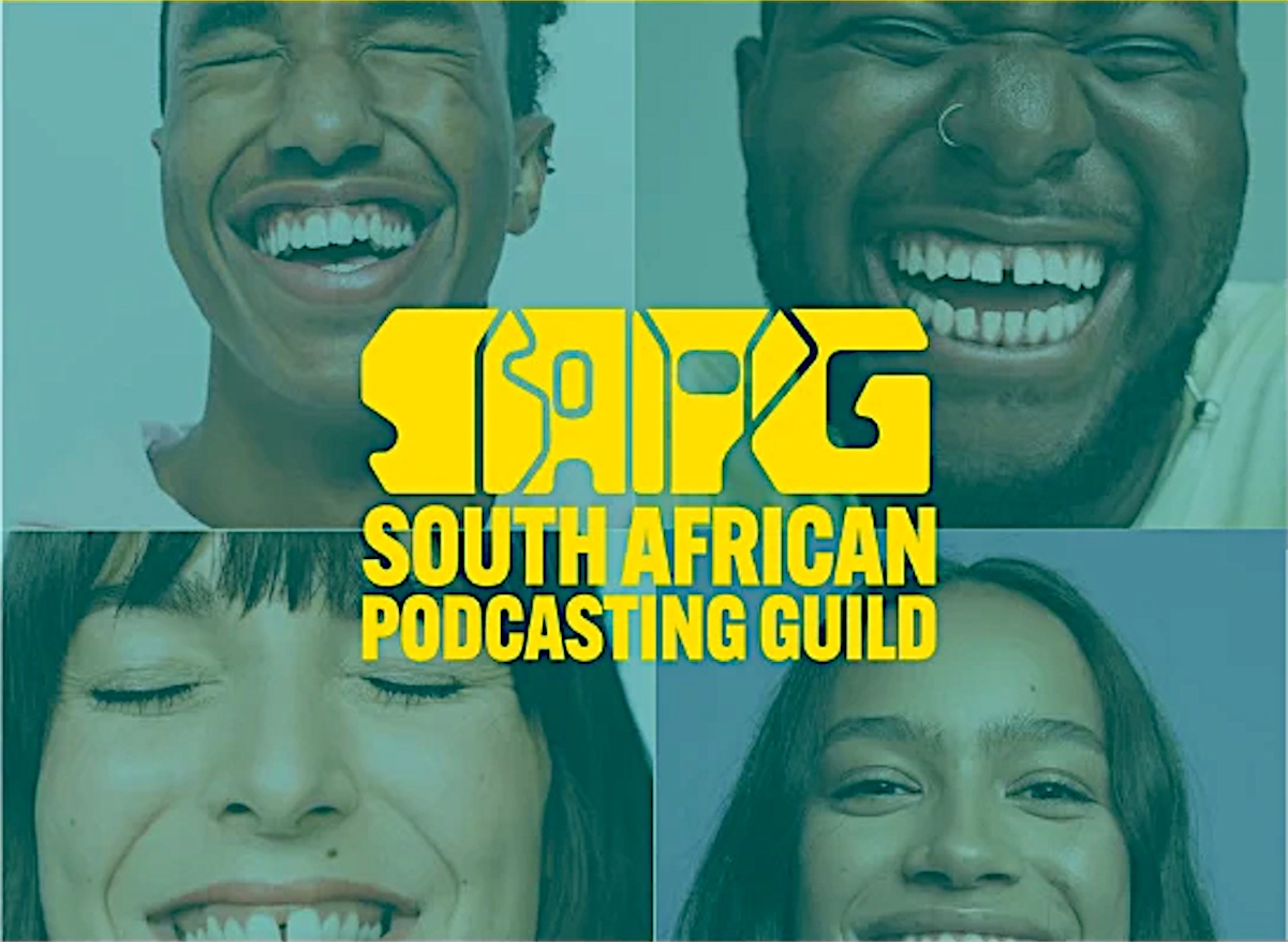 SAPG South African Podcasting Guild logo over a grid of laughing faces