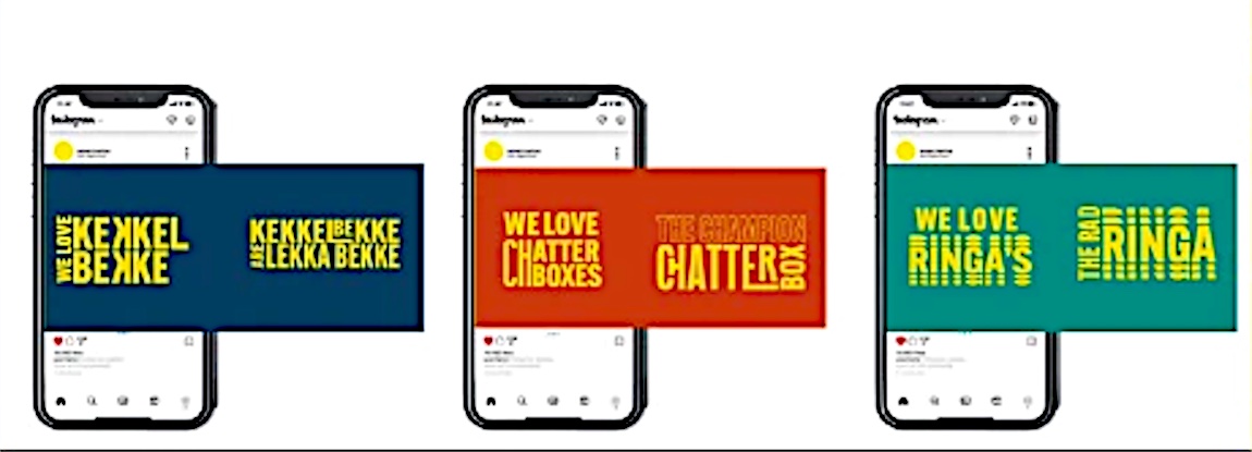 Three phones showing the campaign's Instagram posts in blue, red and teal