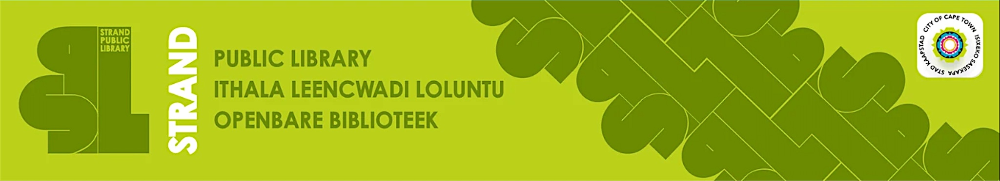 Green library banner with the SPL monogram, the word Strand, and Public Library in English, isiXhosa and Afrikaans