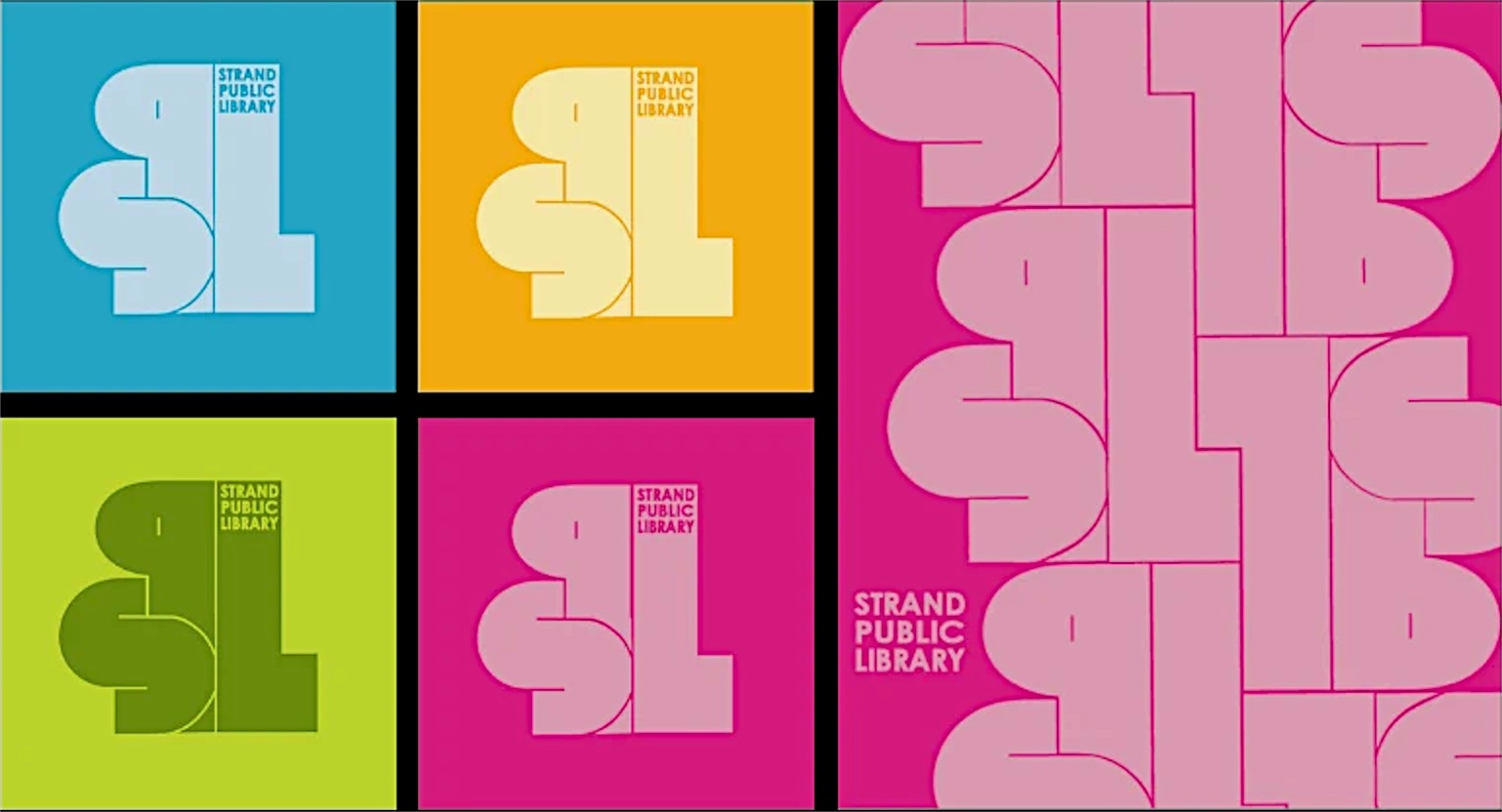 The SPL monogram in blue, yellow, green and pink colourways, beside a pink pattern poster